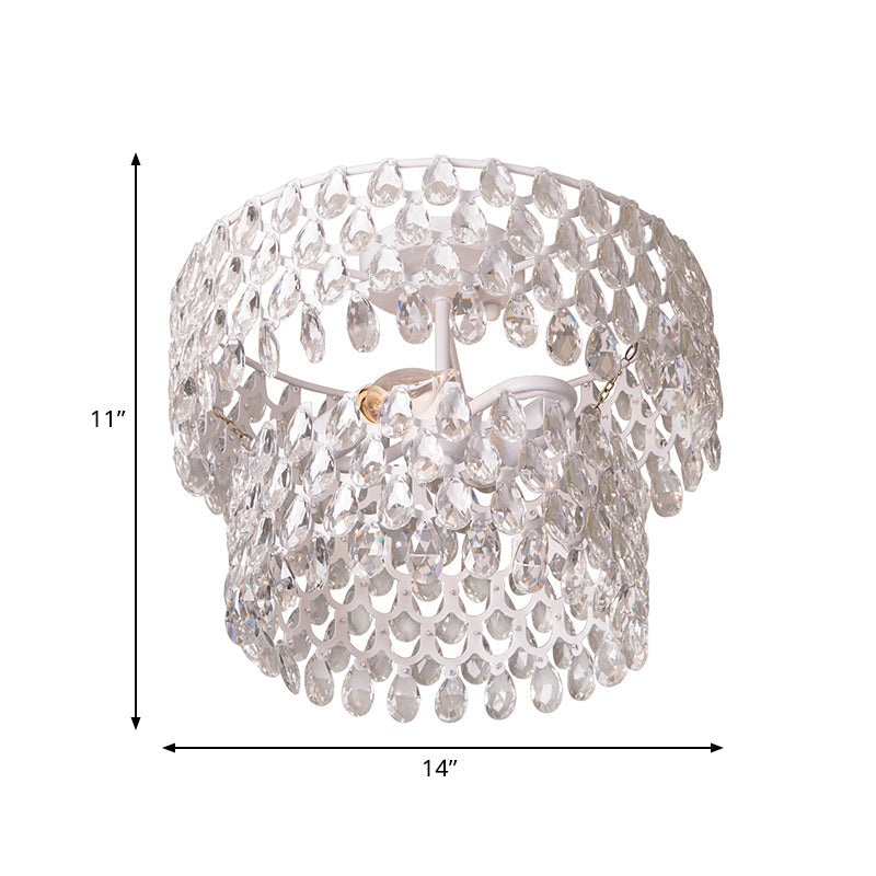 Contemporary Crystal Teardrop Ceiling Lamp with Tiered Design - White Semi Flush Light with 2 Heads