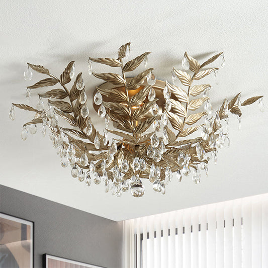 Classic Style Crystal Orb Gold/Black Semi-Flush Mount Leaf Ceiling Light for Bedroom - 10 Heads