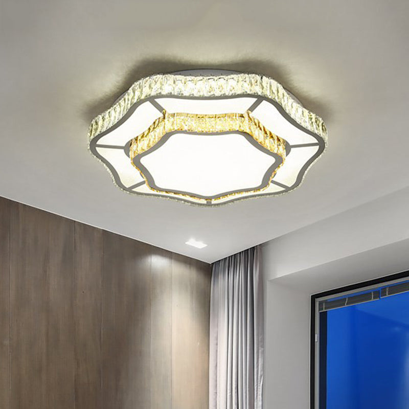 Contemporary Chrome Crystal LED Flush Light with 2 Layers of Flower Design - Perfect for Living Room Ceiling