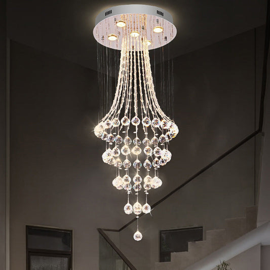 Modern Crystal Ceiling Lamp: Flared Crystal Drape 5-Head Flush Mount Fixture in Chrome - Stylish Dining Room Lighting