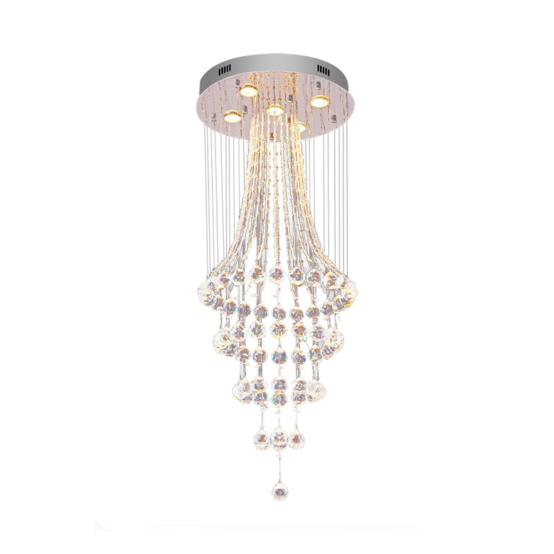Modern Crystal Ceiling Lamp: Flared Crystal Drape 5-Head Flush Mount Fixture in Chrome - Stylish Dining Room Lighting