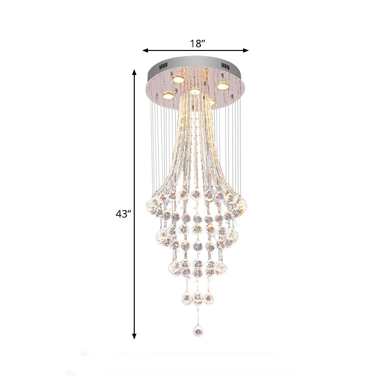 Modern Crystal Ceiling Lamp: Flared Crystal Drape 5-Head Flush Mount Fixture in Chrome - Stylish Dining Room Lighting