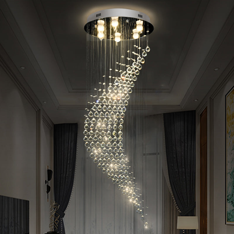Modernist Crystal Draping Chrome Flush Light with 6 Bulbs - Crescent Shape Ceiling Mount Lamp
