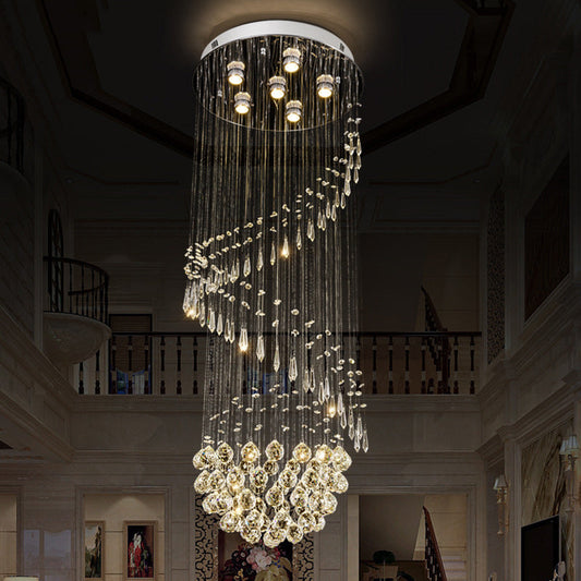 Contemporary Chrome Crystal Flushmount Chandelier - 6 Heads - Coiled Ceiling Mount Light for Hall