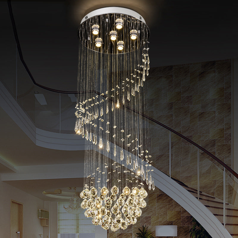 Lustre contemporain en cristal chromé à encastrer - 6 têtes - Plafonnier spiralé pour hall