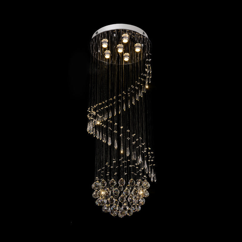 Lustre contemporain en cristal chromé à encastrer - 6 têtes - Plafonnier spiralé pour hall