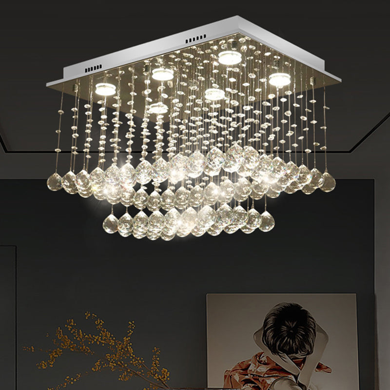 Modern Chrome Cuboid Crystal Flush-Mount Ceiling Light Fixture With 5 Bulbs