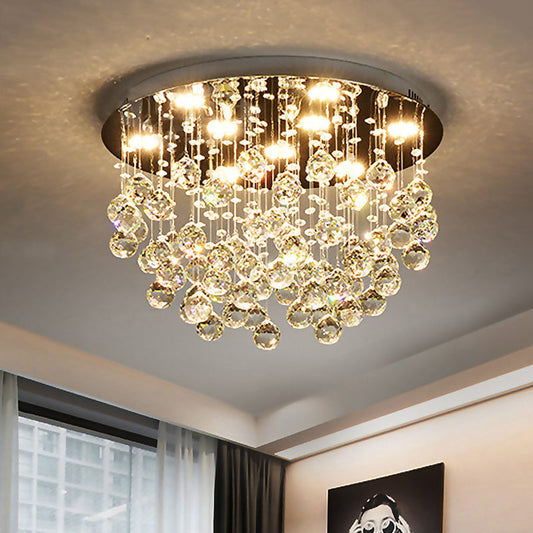 Modernist Chrome Flush Mount Light with 9 Crystal Orbs for Living Room Ceiling