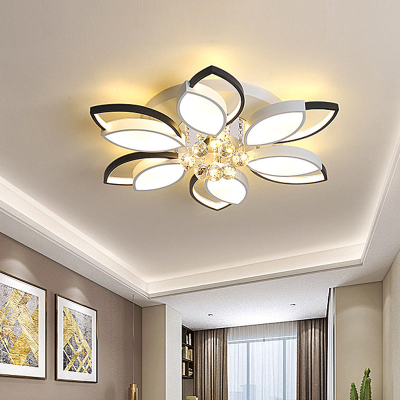 Petals Bedroom LED Ceiling Light with Nordic Acrylic Shade, Crystal Ball Drop, Black-White Finish, Warm/White Light