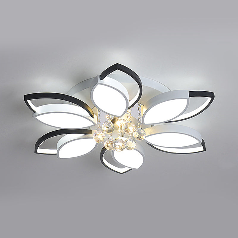 Petals Bedroom LED Ceiling Light with Nordic Acrylic Shade, Crystal Ball Drop, Black-White Finish, Warm/White Light