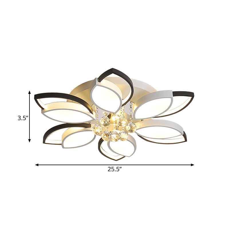 Petals Bedroom LED Ceiling Light with Nordic Acrylic Shade, Crystal Ball Drop, Black-White Finish, Warm/White Light