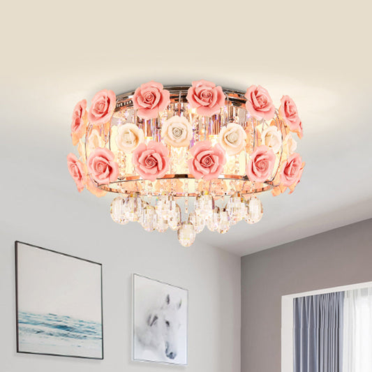 Modern Romantic Crystal Flush Mount Chandelier - Pink Blooming Rose Ceiling Light, 8-Bulb