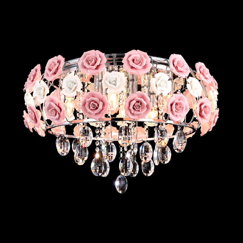 Modern Romantic Crystal Flush Mount Chandelier - Pink Blooming Rose Ceiling Light, 8-Bulb