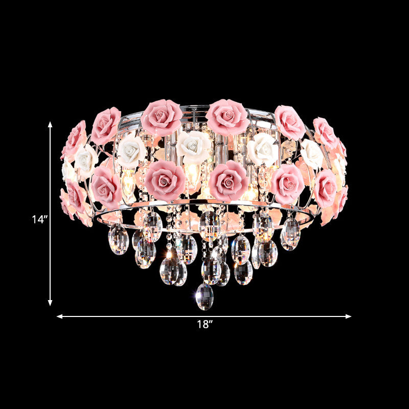 Modern Romantic Crystal Flush Mount Chandelier - Pink Blooming Rose Ceiling Light, 8-Bulb