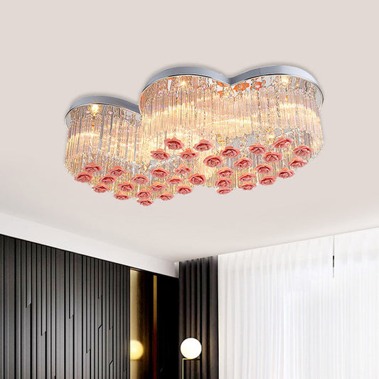 Romantic Crystal Rod Loving Heart Modern 8-Light Flush Ceiling Light with Pink Ceramic Rose Finials for Bedrooms