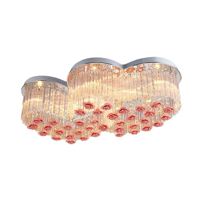Romantic Crystal Rod Loving Heart Modern 8-Light Flush Ceiling Light with Pink Ceramic Rose Finials for Bedrooms