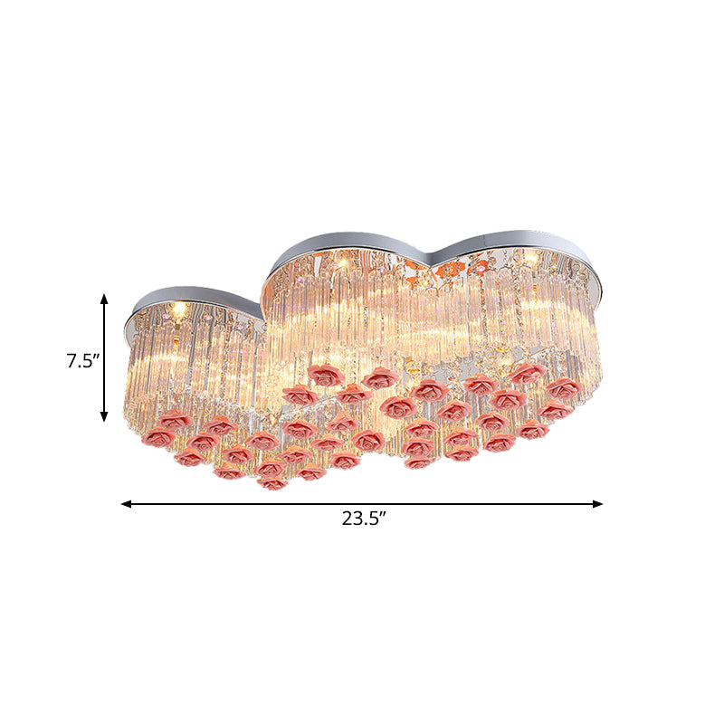 Romantic Crystal Rod Loving Heart Modern 8-Light Flush Ceiling Light with Pink Ceramic Rose Finials for Bedrooms