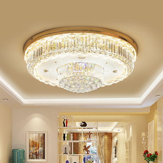 Minimalist Prismatic Crystal Gold Flush Mount Light for Living Room - 2 Tiers, LED Ceiling Fixture