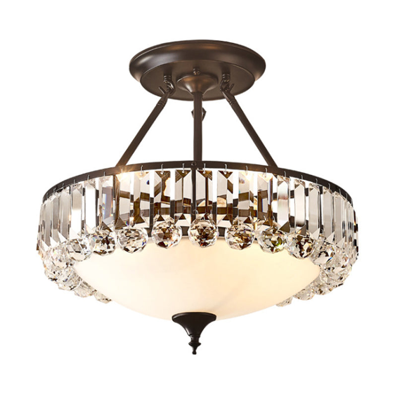 Classic Opal Glass 4-Light Brass Flush Mount with Crystal Prism Side for Bedroom