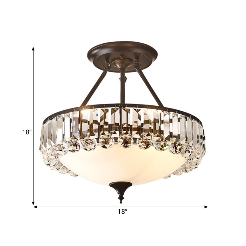 Classic Opal Glass 4-Light Brass Flush Mount with Crystal Prism Side for Bedroom