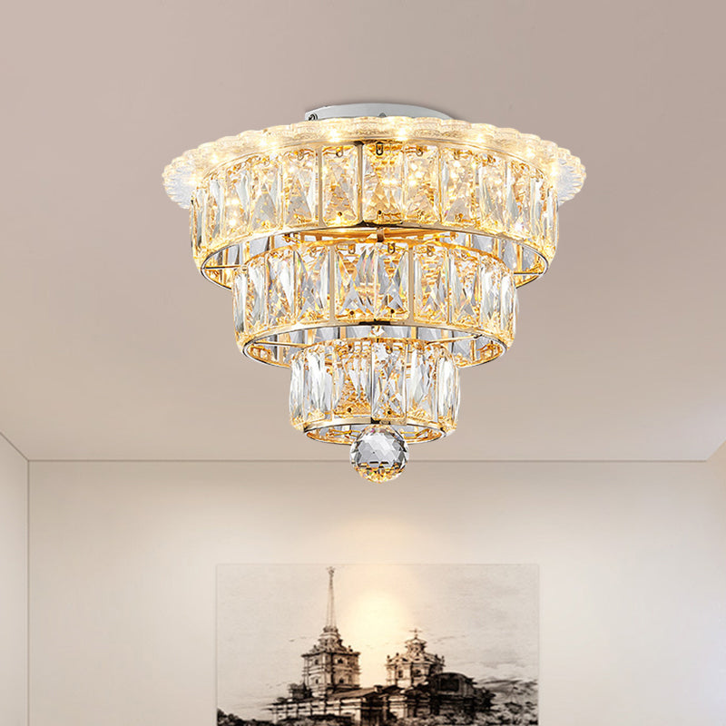 Modern Beveled Crystal Gold Flushmount LED Ceiling Light - 3 Tiers, 9.5/12 Inches Wide