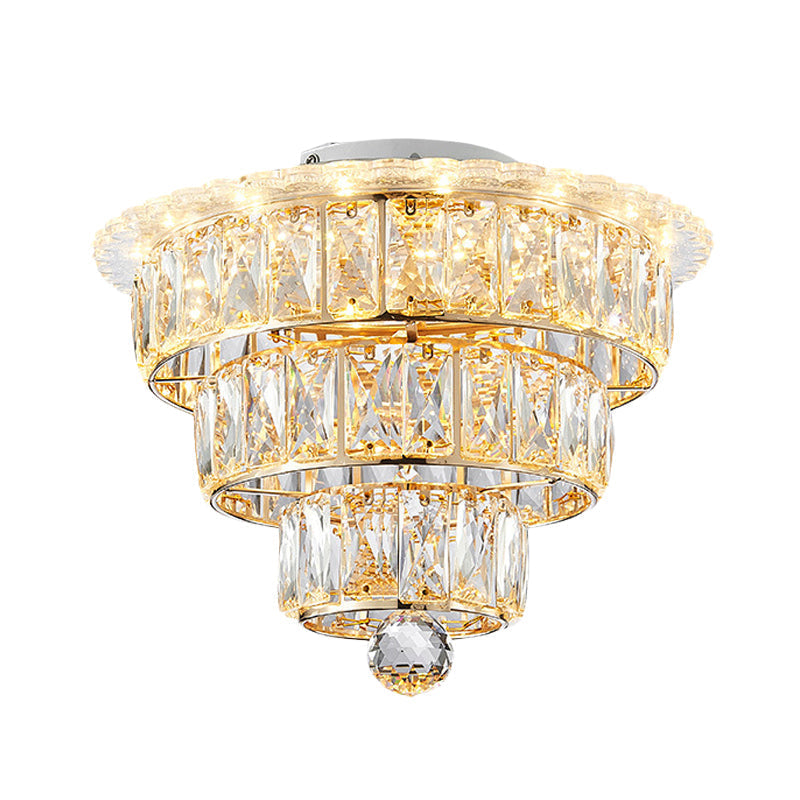 Modern Beveled Crystal Gold Flushmount LED Ceiling Light - 3 Tiers, 9.5/12 Inches Wide