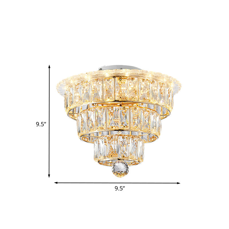 Modern Beveled Crystal Gold Flushmount LED Ceiling Light - 3 Tiers, 9.5/12 Inches Wide