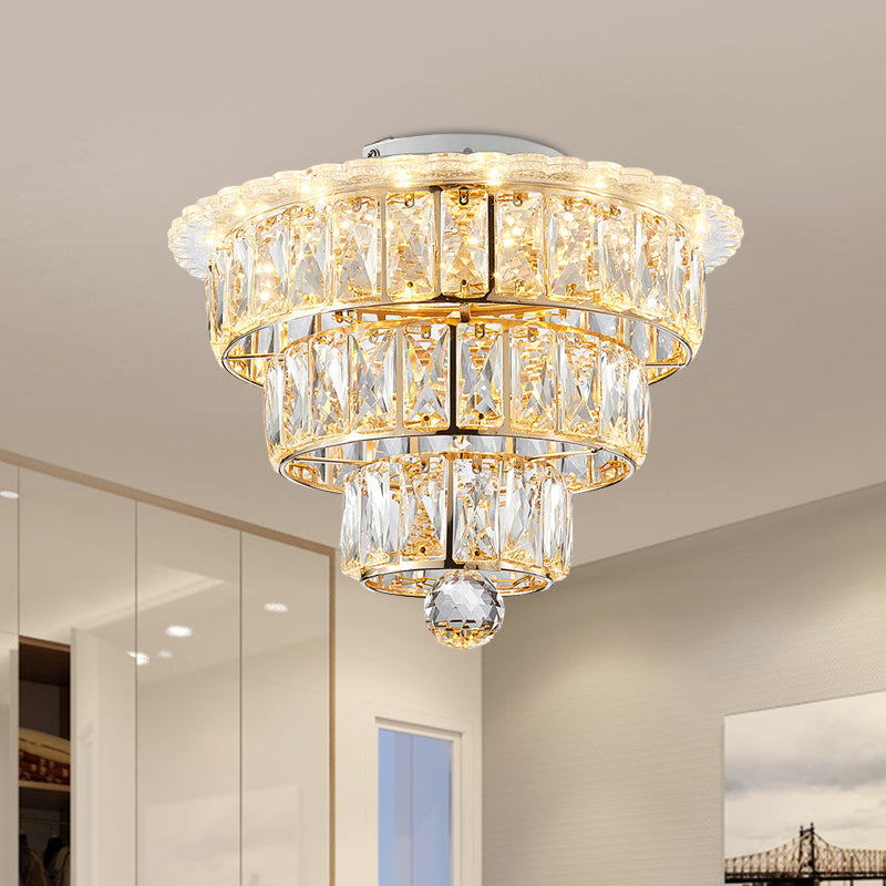 Modern Beveled Crystal Gold Flushmount LED Ceiling Light - 3 Tiers, 9.5/12 Inches Wide
