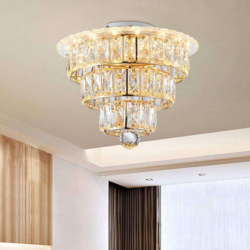 Modern Beveled Crystal Gold Flushmount LED Ceiling Light - 3 Tiers, 9.5/12 Inches Wide