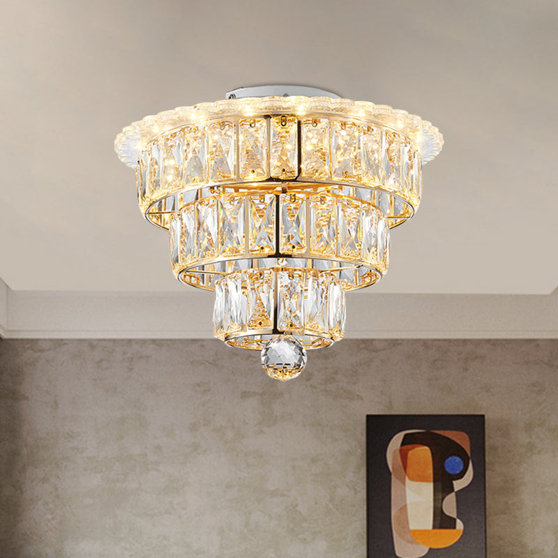 Modern Beveled Crystal Gold Flushmount LED Ceiling Light - 3 Tiers, 9.5/12 Inches Wide