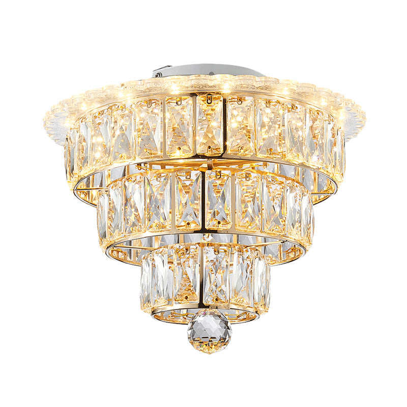Modern Beveled Crystal Gold Flushmount LED Ceiling Light - 3 Tiers, 9.5/12 Inches Wide