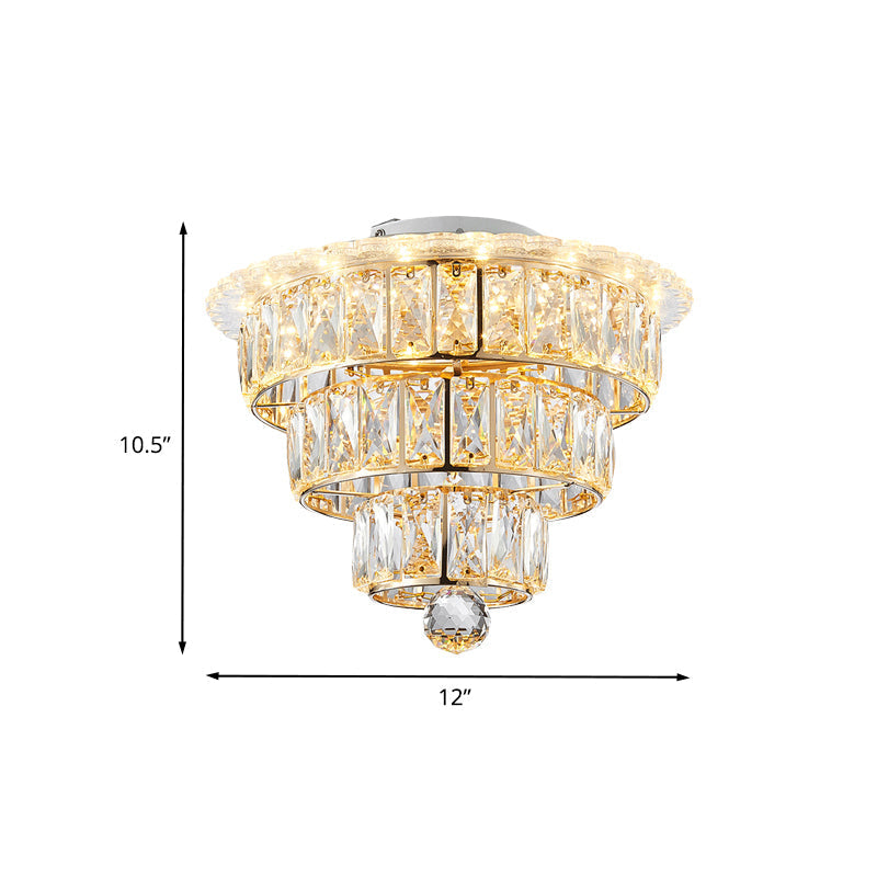 Modern Beveled Crystal Gold Flushmount LED Ceiling Light - 3 Tiers, 9.5/12 Inches Wide