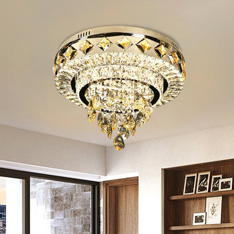 Contemporary Crystal 2-Tier LED Ceiling Flush Mount Lamp - 19.5"/23.5" Width, Chrome, with Drop