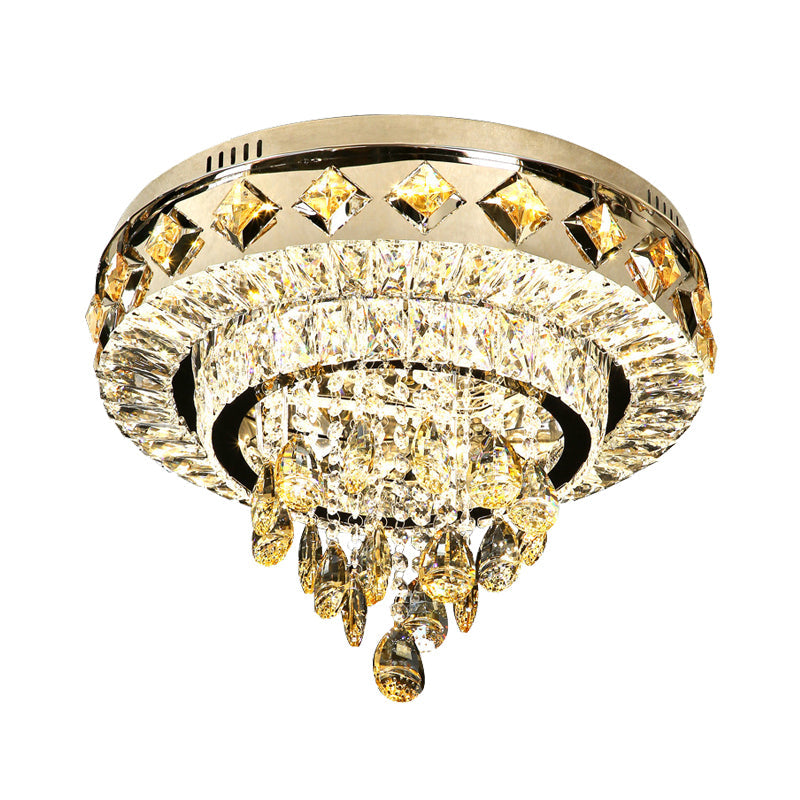 Contemporary Crystal 2-Tier LED Ceiling Flush Mount Lamp - 19.5"/23.5" Width, Chrome, with Drop