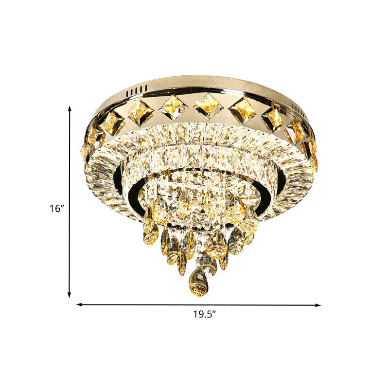 Contemporary Crystal 2-Tier LED Ceiling Flush Mount Lamp - 19.5"/23.5" Width, Chrome, with Drop