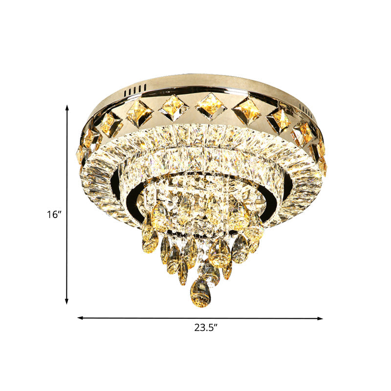 Contemporary Crystal 2-Tier LED Ceiling Flush Mount Lamp - 19.5"/23.5" Width, Chrome, with Drop