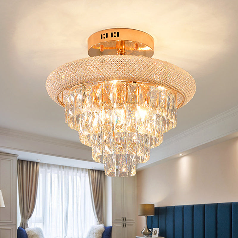 Semi Mount 9-Light Traditional Crystal Ceiling Flush Fixture in Gold