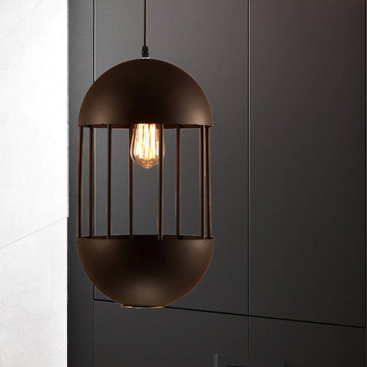 Black Oval Cage Pendant Lamp - Industrial Metal Dining Room Light Kit with 1 Bulb