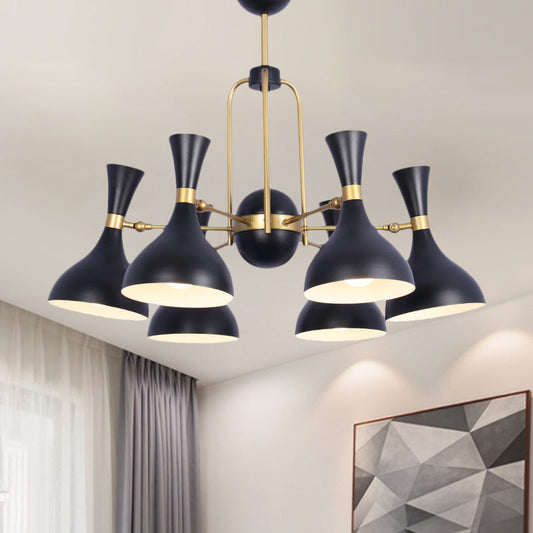 Lustre réglable en métal noir et doré - 6 lumières, forme d'entonnoir, idéal pour les entrepôts
