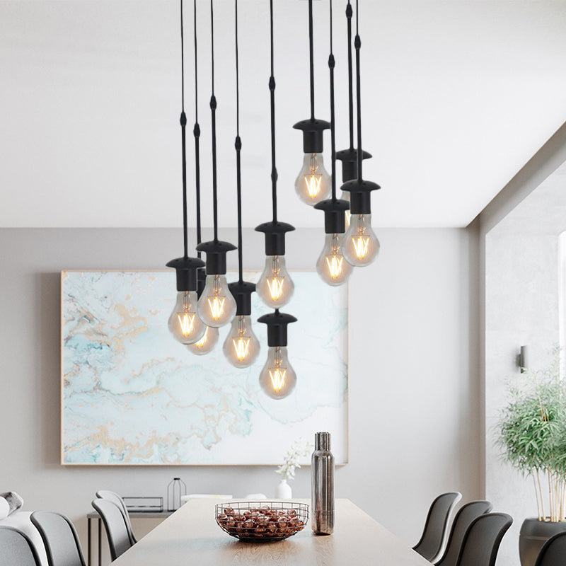 Iron Exposed Bulb Drapes Ceiling Light Loft Pendant Lighting - Black, 5/10 Heads Bistro Multi Light, Round/Linear Canopy
