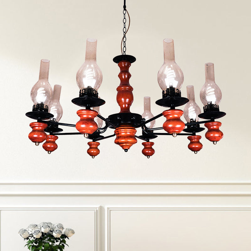 Lustre suspendu en verre transparent côtier avec 8 têtes et base en bois brun rouge - Kit de lampe suspendue pour salle à manger Vase