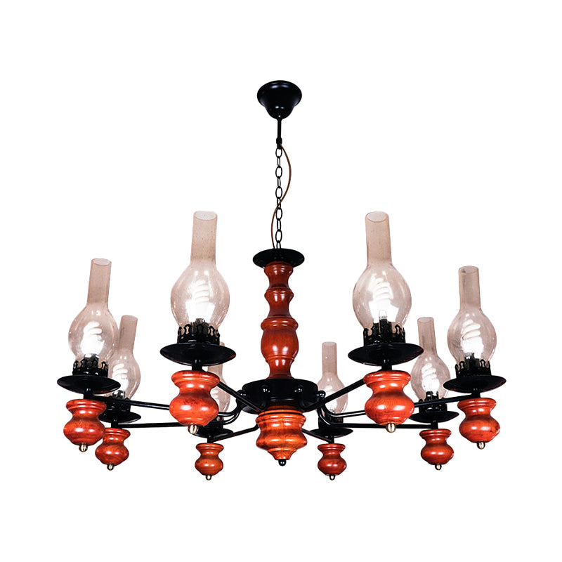 Lustre suspendu en verre transparent côtier avec 8 têtes et base en bois brun rouge - Kit de lampe suspendue pour salle à manger Vase