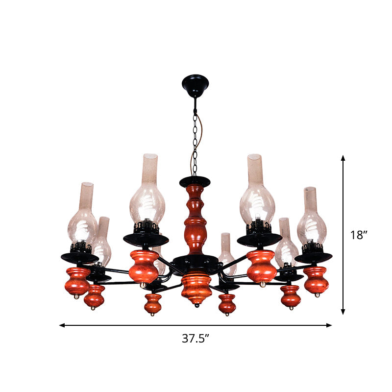 Lustre suspendu en verre transparent côtier avec 8 têtes et base en bois brun rouge - Kit de lampe suspendue pour salle à manger Vase