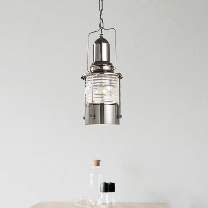 Lampe suspendue industrielle chromée à 1 ampoule avec cylindre en verre strié transparent