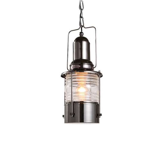 1-Bulb Chrome Industrial Pendant Lamp with Clear Ribbed Glass Cylinder