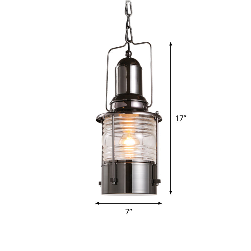 Lampe suspendue industrielle chromée à 1 ampoule avec cylindre en verre strié transparent