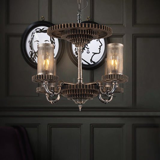 Kit de suspension en métal noir - Lustre suspendu cylindrique d'entrepôt (4 lumières) avec décoration d'engrenage
