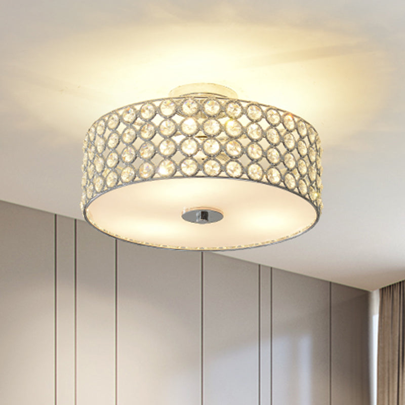 Contemporary Crystal Drum Ceiling Flush Light - 3-Light White Bedroom Flush Mount Lamp