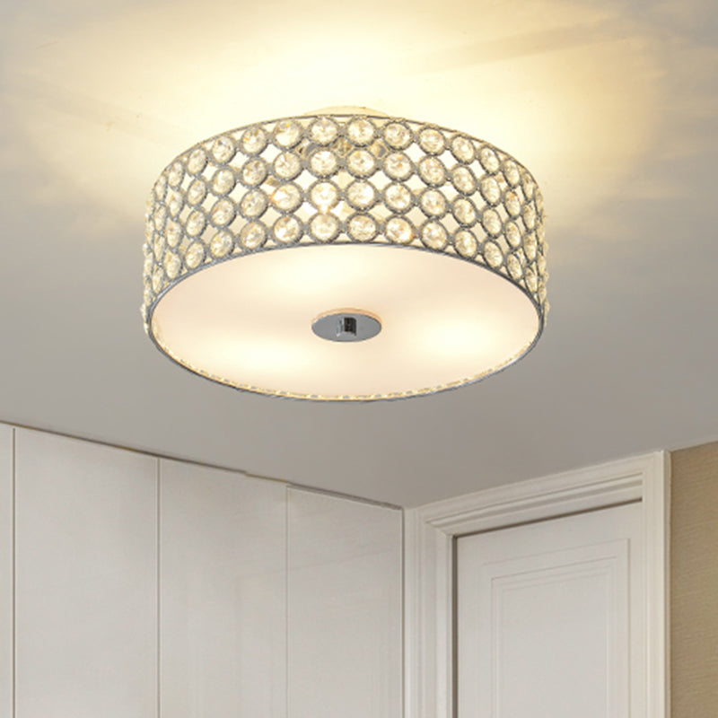 Contemporary Crystal Drum Ceiling Flush Light - 3-Light White Bedroom Flush Mount Lamp