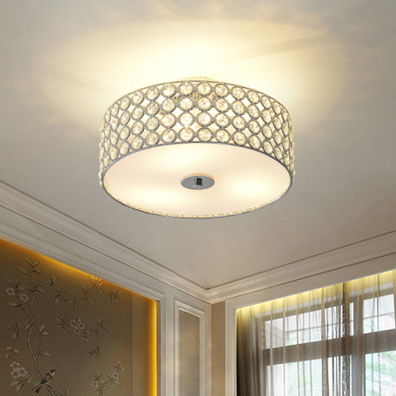 Contemporary Crystal Drum Ceiling Flush Light - 3-Light White Bedroom Flush Mount Lamp